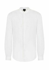 Camicia bianca a maniche lunghe realizzata in tessuto leggero con colletto alla coreana e bottoni a scomparsa; superficie liscia e design aderente.