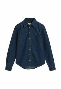 Dark blue denim button-up shirt with long sleeves, pointed collar, white buttons, and small embroidered logo on the left chest.