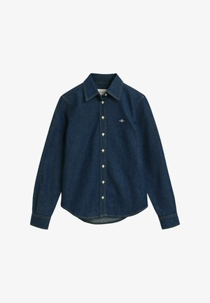 Donkerblauwe denim overhemd met knopen, lange mouwen, spitse kraag, witte knopen en een klein geborduurd logo op de linkerkant van de borst.
