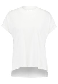 Camiseta blanca de manga corta con cuello redondo y un dobladillo trasero ligeramente más largo. Hecha de una tela suave con una textura lisa.