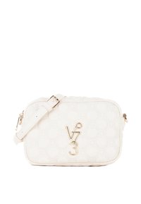 Borsa a tracolla rettangolare bianca con motivo esagonale, hardware dorato e tracolla regolabile. Presenta il logo sul davanti e chiusura a zip.