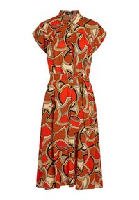Short-sleeved dress with a shirt collar, featuring a colorful geometric print in red, orange, and beige. Includes a tied waist belt.