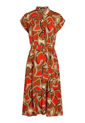 Short-sleeved dress with a shirt collar, featuring a colorful geometric print in red, orange, and beige. Includes a tied waist belt.