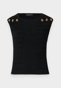 Black ribbed knit top with shoulder buttons in gold. Features textured patterns, fitted design, and a round neckline.
