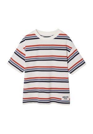 Baumwoll-T-Shirt mit horizontalen Streifen in Rot, Marineblau und Weiß. Mit einem Rundhalsausschnitt und einem bedruckten Etikett mit der Aufschrift "SKATE PARK".