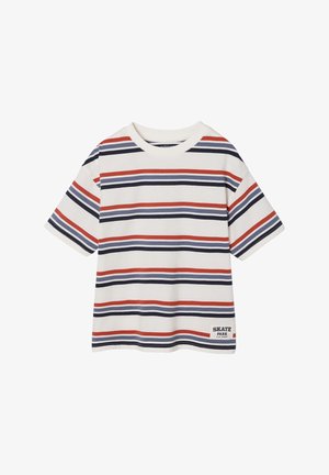 Cotton T-shirt with horizontal stripes in red, navy, and white. Features a crew neck and a printed label reading "SKATE PARK."