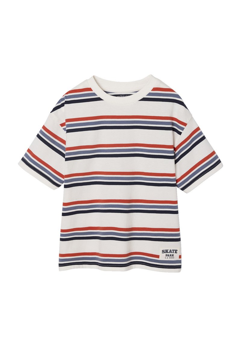 Cotton T-shirt with horizontal stripes in red, navy, and white. Features a crew neck and a printed label reading "SKATE PARK."