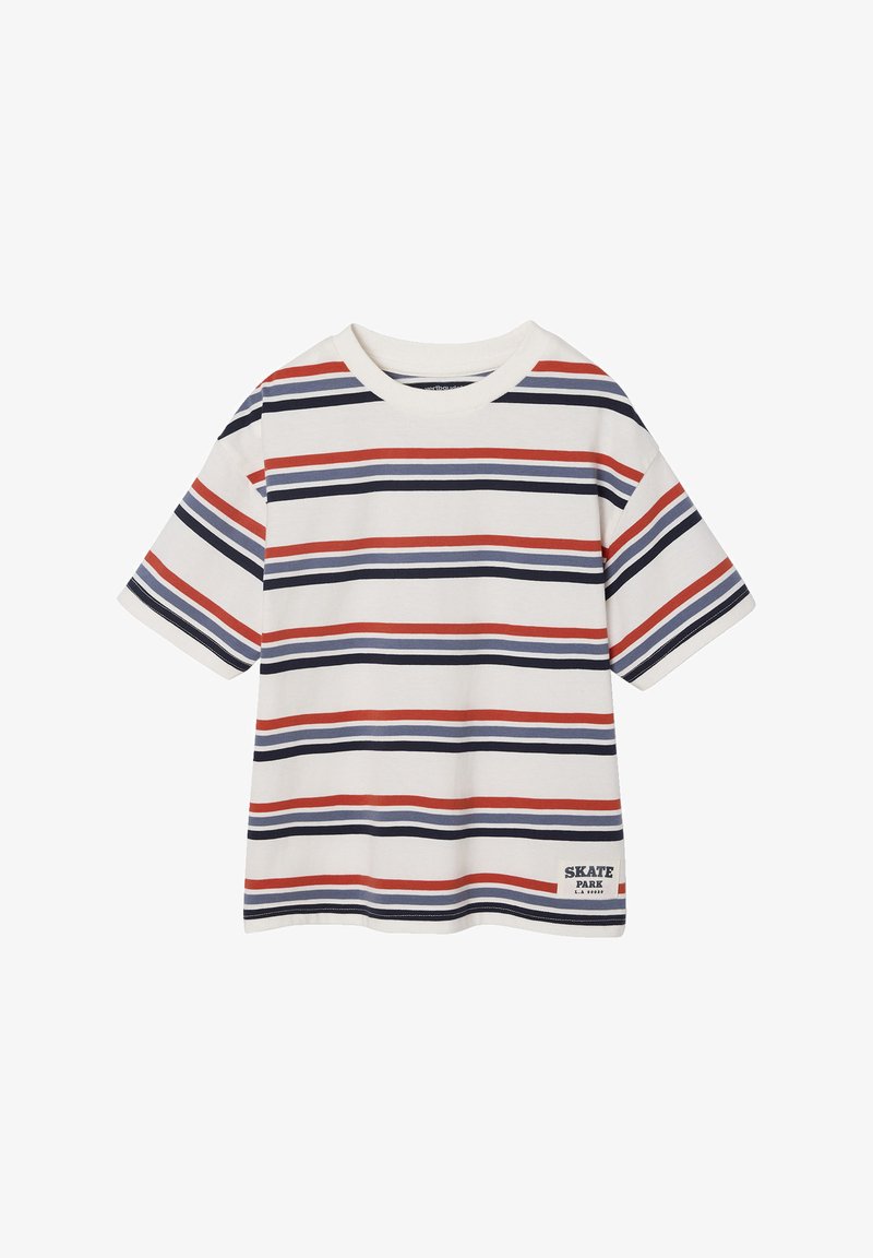 Baumwoll-T-Shirt mit horizontalen Streifen in Rot, Marineblau und Weiß. Mit einem Rundhalsausschnitt und einem bedruckten Etikett mit der Aufschrift "SKATE PARK".