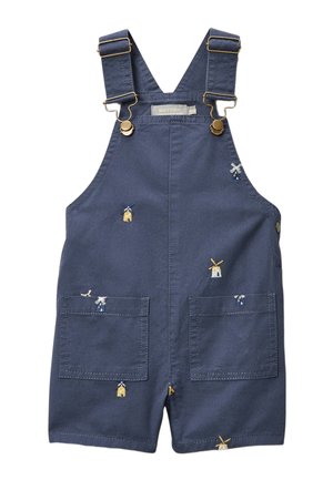 Salopette courte bleu marine pour tout-petit avec bretelles réglables, poches avant et petits motifs de moulin à vent brodés.