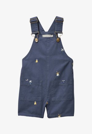 Salopette courte bleu marine pour tout-petit avec bretelles réglables, poches avant et petits motifs de moulin à vent brodés.