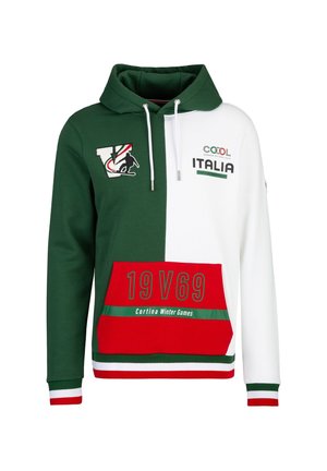 Kapuzensweatshirt mit grünen, weißen und roten Paneelen, einer Kängurutasche, Logo sowie dem Text "Cool Italia" und "Cortina Winter Games."