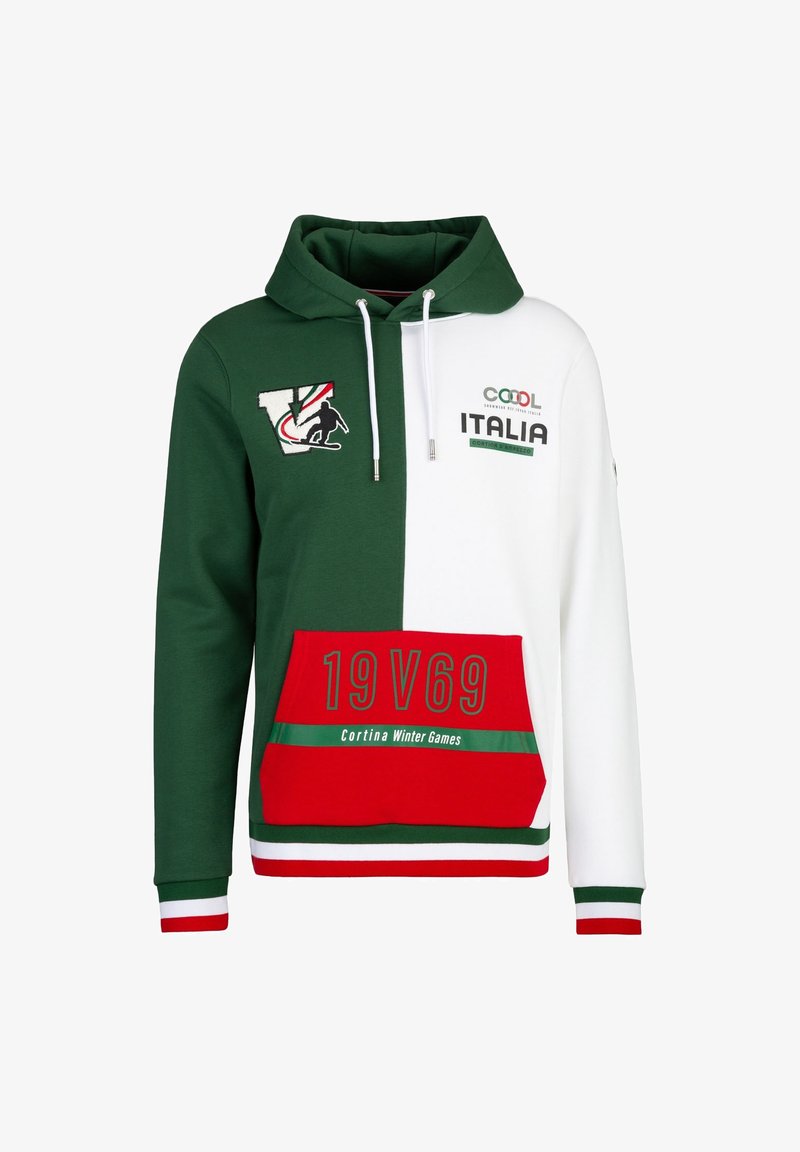 Hooded sweatshirt met groene, witte en rode panelen, voorzien van een kangoeroezak, logo en de tekst "Cool Italia" en "Cortina Winterspelen."