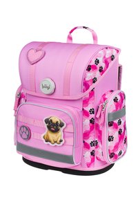 Zaino rosa con patta, caratterizzato da motivi di impronte di zampe, un motivo di carlino e dettagli grigi. Realizzato in materiale resistente con scomparti con zip.