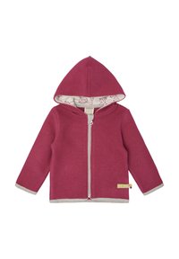 Fleecejacke in Dunkelrosa mit Kapuze, ausgestattet mit einem hellgrauen Besatz, einem Vorderreißverschluss und einem gemusterten Innenfutter.