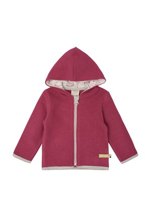 Fleecejacke in Dunkelrosa mit Kapuze, ausgestattet mit einem hellgrauen Besatz, einem Vorderreißverschluss und einem gemusterten Innenfutter.