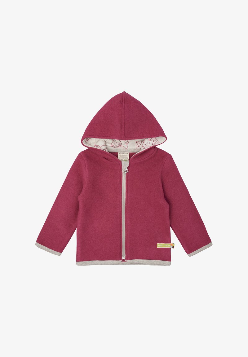 Fleecejacke in Dunkelrosa mit Kapuze, ausgestattet mit einem hellgrauen Besatz, einem Vorderreißverschluss und einem gemusterten Innenfutter.