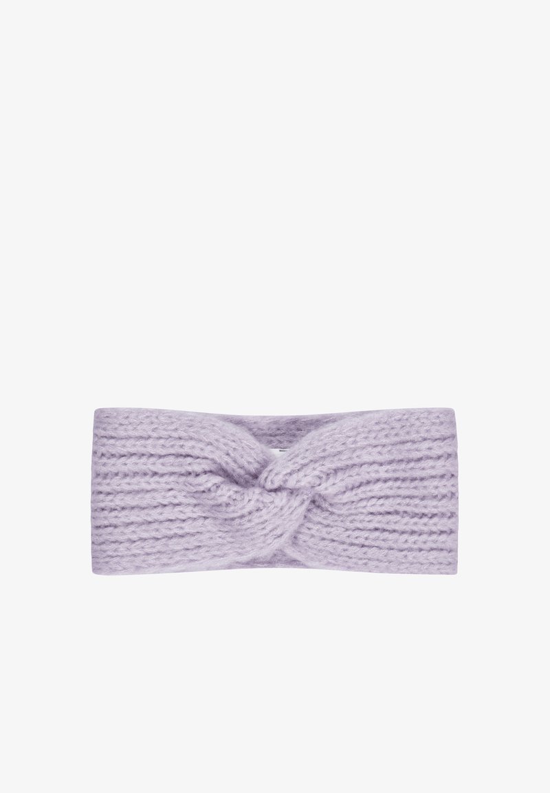 Knit headband in light lavender with a twisted front design. Features ribbed texture, soft material, and a wide band for comfort.