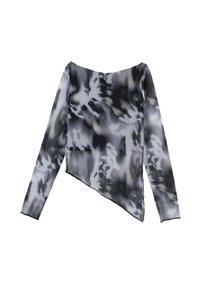 Asymetryczny top z długim rękawem w czarno-szary wzór tie-dye. Wykonany z lekkiego materiału o gładkiej fakturze i szerokim dekoltem.
