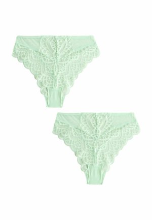 Dve svetlozelené čipkované nohavičky s vlnkovanými okrajmi a kvetinovými vzormi, zobrazené z predného a zadného uhla na bielom pozadí.
