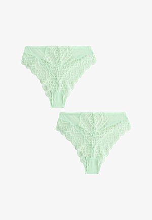 To lysegrønne blonde-trusser med bølget kant og blomsterprint, vist forfra og bagfra mod en hvid baggrund.