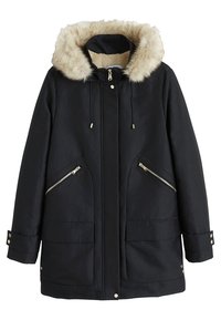 Zwarte parka met een capuchon gevoerd met namaakbont, ritszakken op de borst, grote zakken aan de voorzijde en een trekkoorddetail. Glad stof met zachte textuur.