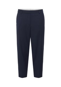 Pantalon bleu marine à coupe droite, en tissu lisse. Il présente un devant plat, des passants de ceinture et des poches latérales. Ourlet ajusté.