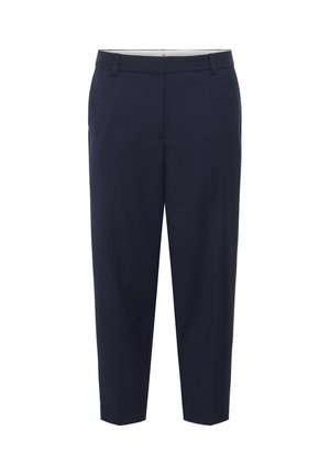 Pantalon bleu marine à coupe droite, en tissu lisse. Il présente un devant plat, des passants de ceinture et des poches latérales. Ourlet ajusté.