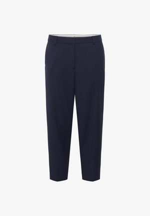 Tumedad sinised püksid, sirge lõikega, siledast materjalist. Omavad lapikut eesmist osa, vööaasasid ja küljetaskuid. Täpsustatud ots.