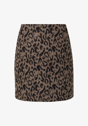 Leopard print mini skirt in brown and black hues. Soft fabric with a fitted design and straight silhouette. No visible fastenings.