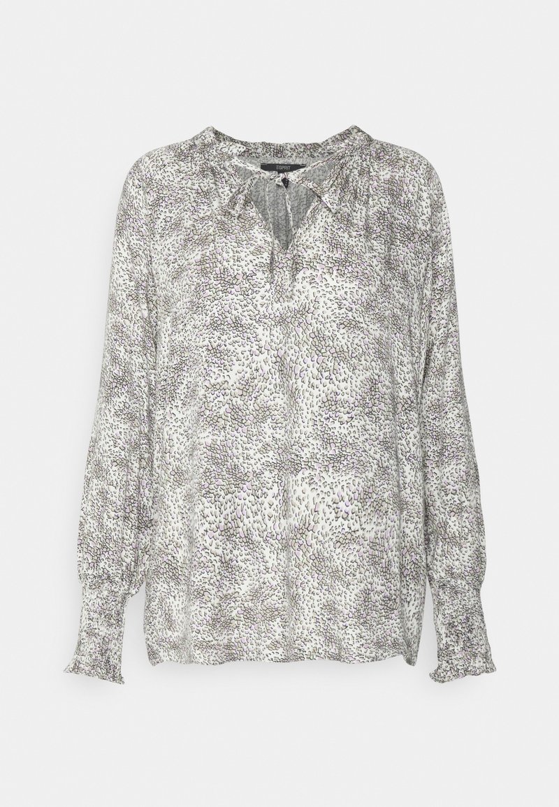 Blusa leggera a maniche lunghe in morbido tessuto con un motivo astratto grigio e viola. Presenta un collo a V e dettagli arricciati sulle maniche.