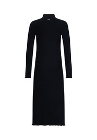 Schwarzes geripptes Strickkleid mit langen Ärmeln und hohem Kragen. Hat eine gerade Silhouette und einen gewellten Saum. Weicher, strukturierter Stoff.