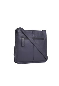 Borsa a tracolla in pelle blu navy con superficie testurizzata, tasca frontale con zip e tracolla regolabile; forma rettangolare con cuciture per migliorare la struttura.