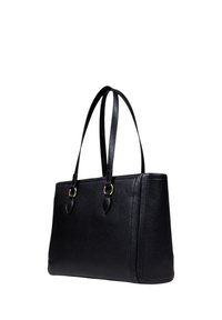 Sac fourre-tout en cuir noir avec des poignées doubles, surface texturée, accents en métal doré et forme rectangulaire structurée.