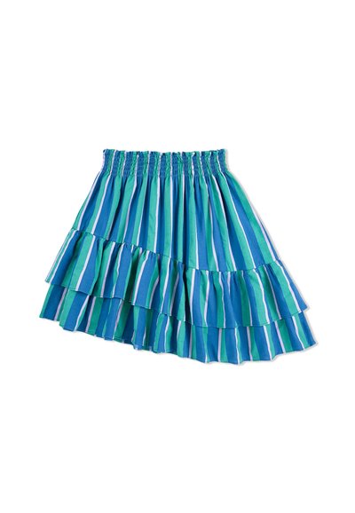 Gonna a strati in tonalità di blu e verde, con strisce orizzontali e una cintura elastica. Tessuto leggero con strati arricciati.