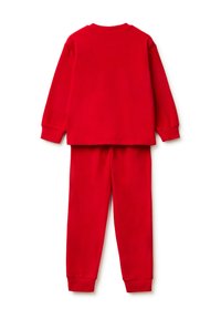 Rood katoenen trainingspak met lange mouwen en een elastische tailleband. Soepele textuur met geribbelde manchetten. Eenvoudig ontwerp zonder patronen.