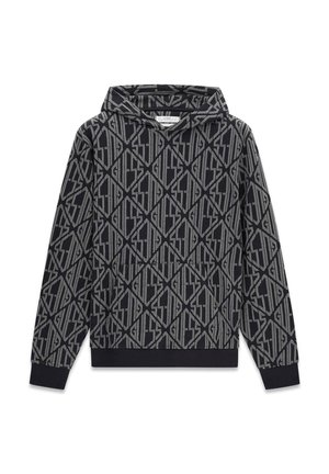 Felpa con cappuccio con motivo geometrico grigio e nero e scritta "GUESS" su tutta la superficie. Tessuto morbido, polsini e orlo a coste. Tasca frontale.