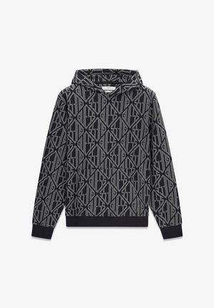 Sweatshirt met capuchon en een geometrisch patroon in grijs en zwart met "GUESS" overal. Zachte stof, geribbelde manchetten en tailleband. Voorzak.