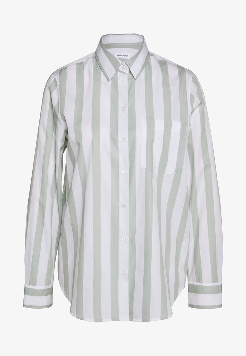 Skjorta med knäppning som har vertikala ränder i ljusgrön och vit, med en bröstficka, långa ärmar och klassisk krage. Tillverkad av bomull.