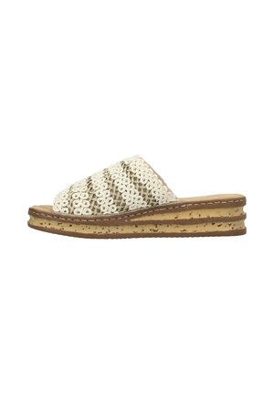 Beige wedge sandal with textured cork sole and crochet-style upper in cream and tan stripes, open toe and slip-on design.