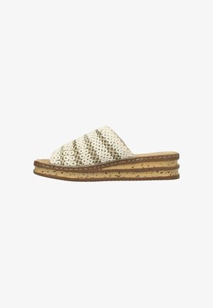 Beige wedge sandal with textured cork sole and crochet-style upper in cream and tan stripes, open toe and slip-on design.