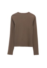 Brun långärmad topp i ribbad struktur, med rund halsringning och rak nederkant, med åtsittande ärmar och en enkel design på baksidan.