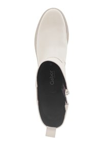 White leather ankle boot with a smooth texture, rounded toe, side zipper, and a small heel, featuring a black insole with brand name.