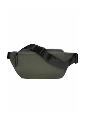 Riñonera de color verde oscuro con correa negra ajustable y cierre de cremallera, diseñada para llevar las manos libres.