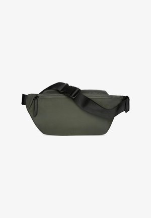Donkergroene heuptas met zwarte verstelbare riem en ritssluiting, ontworpen voor handsfree dragen.