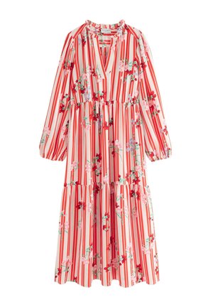 Pitkähihainen midimittainen mekko, jossa on punaiset pystysuorat raidat ja vaaleanpunainen ja punainen kukkakuvio, V-pääntie sekä vyötärön ja helman laskokset.