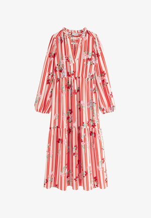 Pitkähihainen midimittainen mekko, jossa on punaiset pystysuorat raidat ja vaaleanpunainen ja punainen kukkakuvio, V-pääntie sekä vyötärön ja helman laskokset.