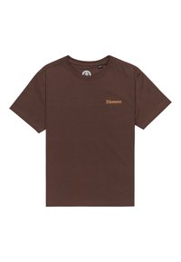 Brun bomull T-shirt med rund hals, korta ärmar och en liten orange "Element" logotyp på vänster bröst. Slät textur.