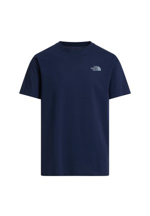 Granatowy bawełniany t-shirt z krótkimi rękawami, okrągły dekolt, z małym szarym logo po lewej stronie klatki piersiowej. Prosty, jednolity kolor.