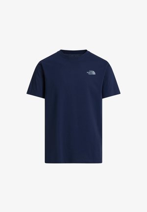 Granatowy bawełniany t-shirt z krótkimi rękawami, okrągły dekolt, z małym szarym logo po lewej stronie klatki piersiowej. Prosty, jednolity kolor.