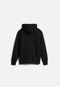 Zwarte hoodie met een zachte textuur, ribgebreide manchetten en zoom, en een eenvoudig ontwerp. De achteraanzicht benadrukt een naadloze capuchon.